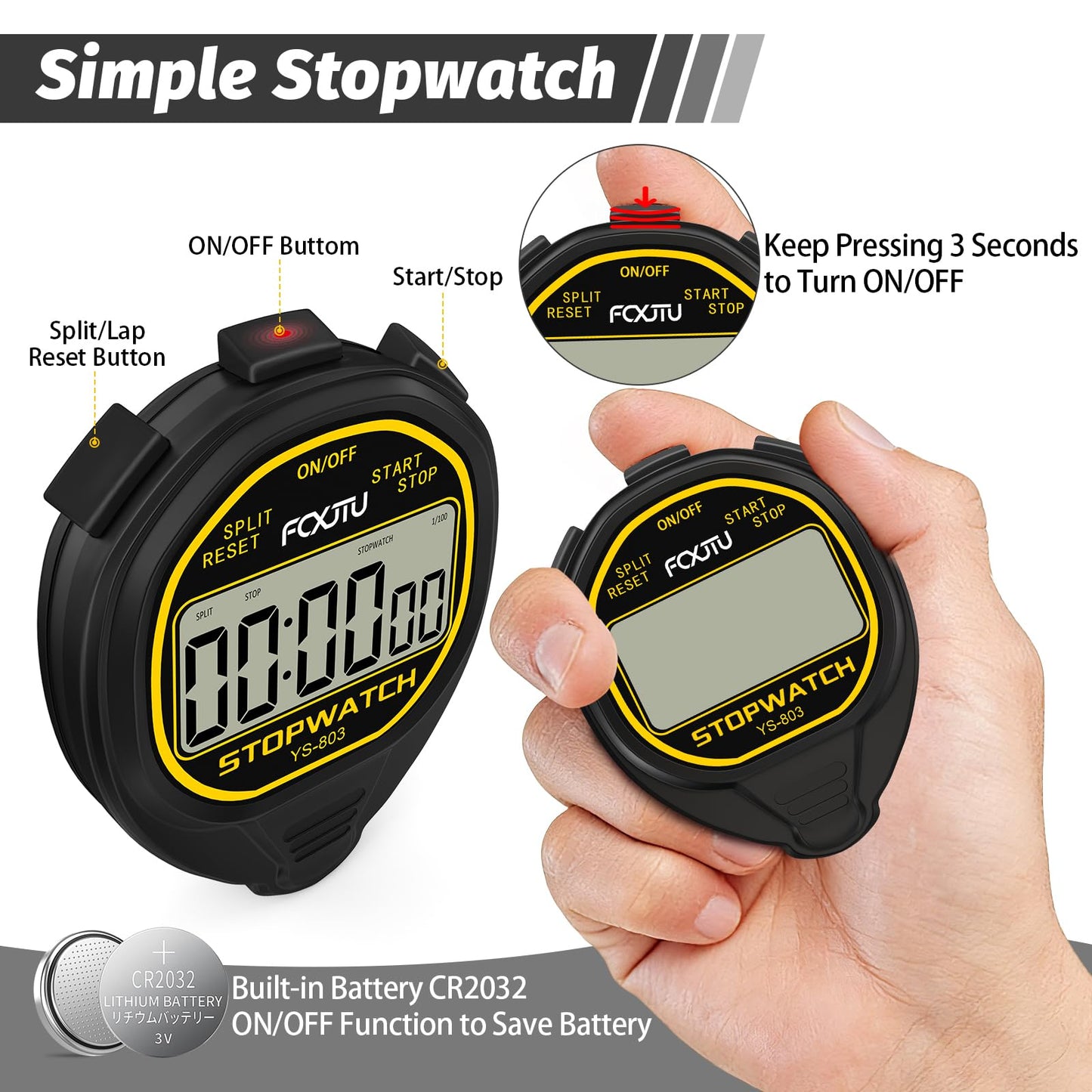 FCXJTU Digital Waterproof Stopwatch, No Bells, No Whistles, Simple Basic Operation, Silent, Clear Display, ON/Off, Large Display for Swimming Running Training Kids Coaches Referees Teachers (Black)