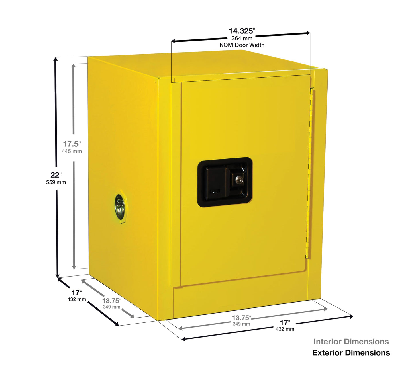 Justrite 4 Gallon Manual Close Countertop Flammable Storage Cabinet, 18 Gauge Steel, 1 Shelf, 1 Door Fire Cabinet, 22" x 17" x 17", Made in The USA, Yellow, 890400