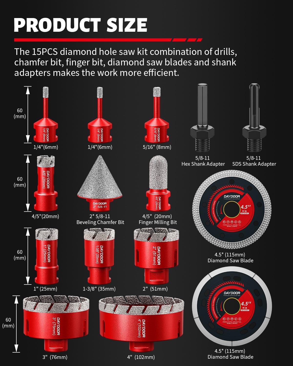 DAYDOOR Diamond Hole Saw Kit, 15-Piece Tile Hole Saw Kit 1/4" 5/16" 4/5" 1" 1-3/8" 2" 3" 4",Vacuum Brazed Core Drill Bits for Porcelain Tile, Granite, Marble, Stone(Red)