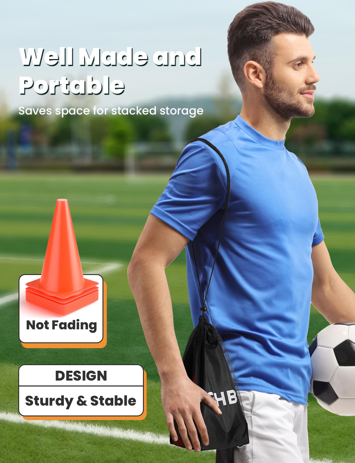 GHB 9 Inch Soccer Cones 12 Pack Disc Soccer Sport Cones Training Field Marker Agility Cones for Basketball, Coaching, Practice Equipment Includes Drills Guide (9" 12Pcs Orange)
