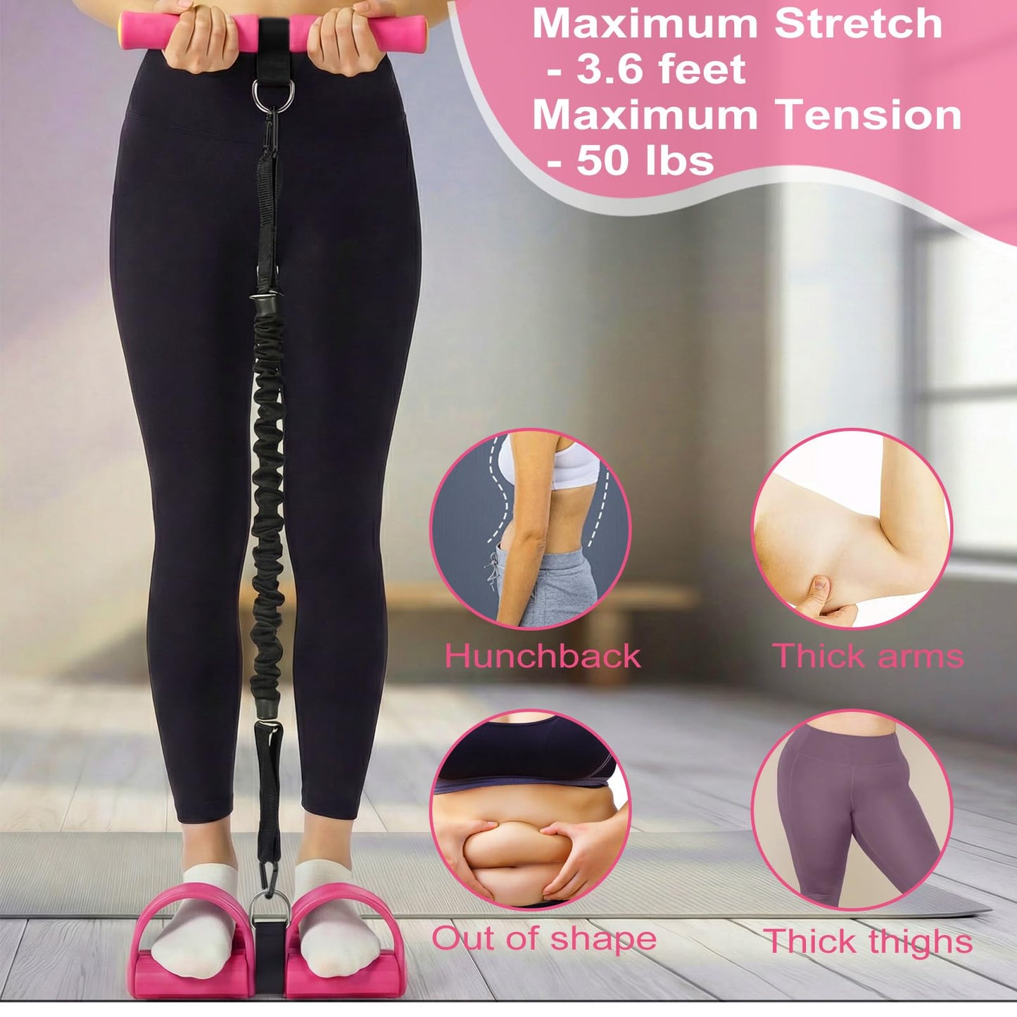 Upgraded 55lb Pull Pedal Resistance Band with Handle - Fashion Puller Exercise Tool, Thickened Built-in Latex Tube Pedal Resistance Device & Soft Nitrile Rubber Footrest for The Core(Pink)