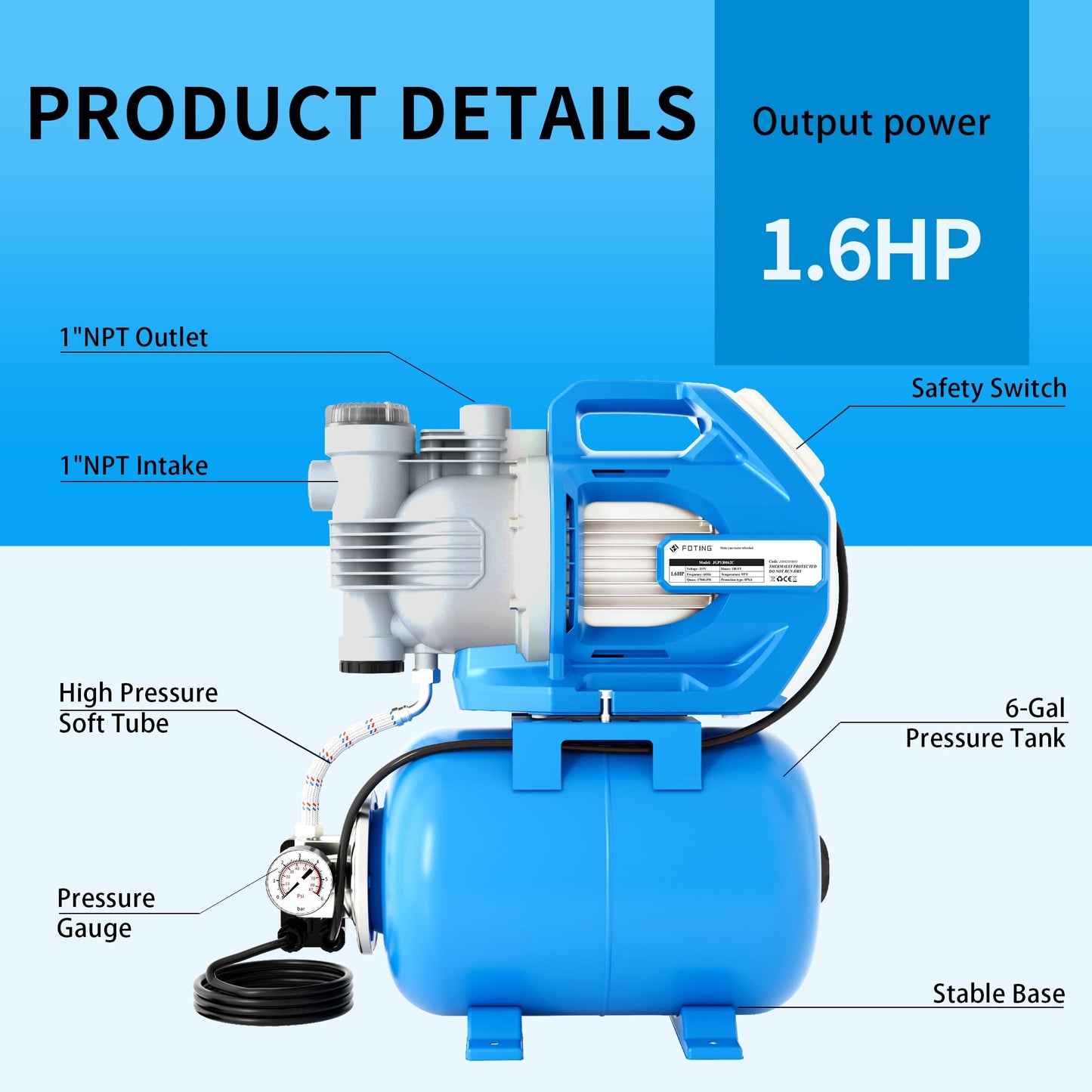 FOTING 1.6HP Shallow Well Pump with Pressure Tank, 1700GPH Automatic Irrigation Water Booster Jet Pump, Water Pumps Booster System 180FT for Home Garden Lawn Farm, Blue