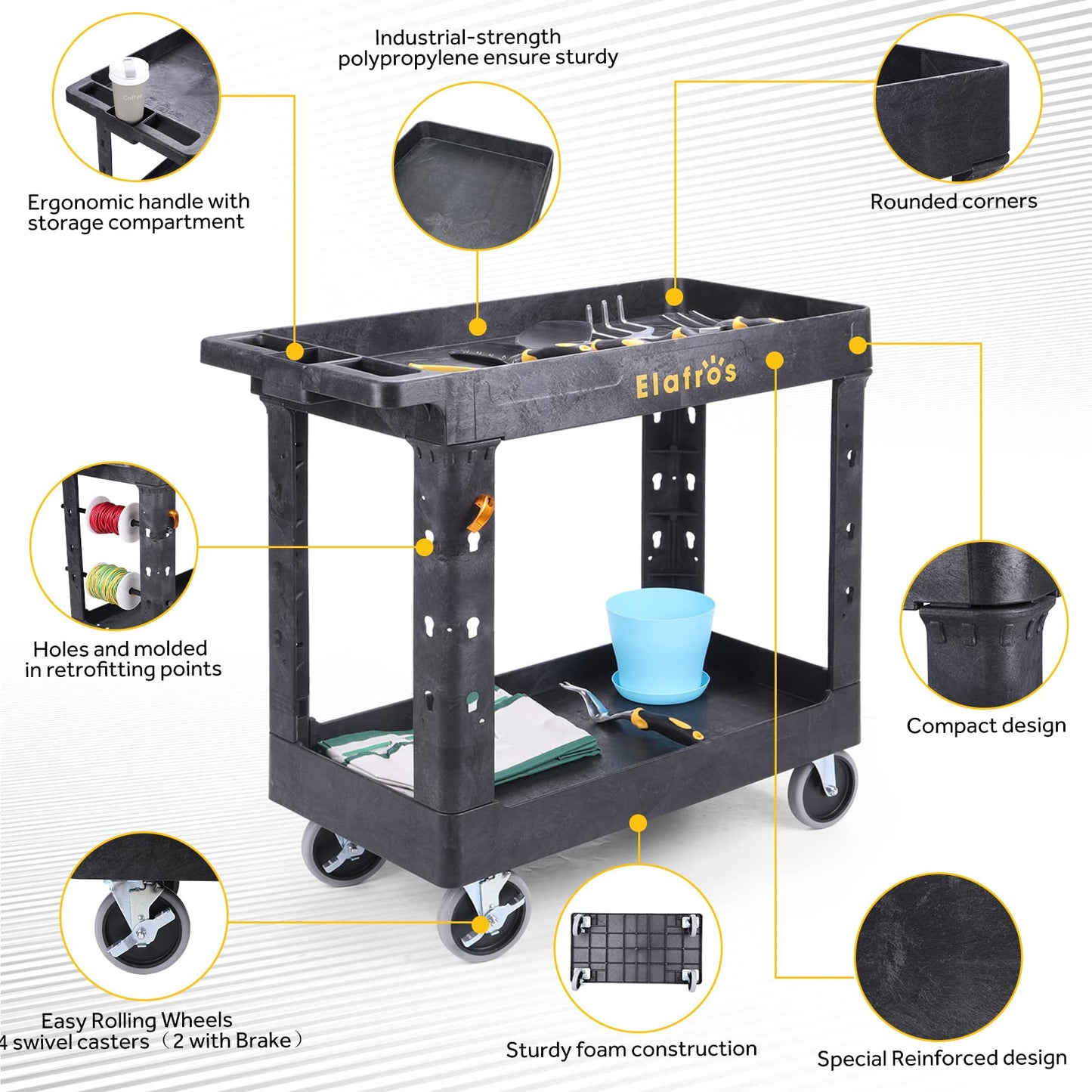 ELAFROS Heavy Duty Plastic Utility Cart 34 x 17 Inch - Work Cart Tub Storage W/Deep Shelves and Full Swivel Wheels Safely Holds up to 550 lbs - 2 Tier Service Cart for Warehouse,Garage, Cleaning