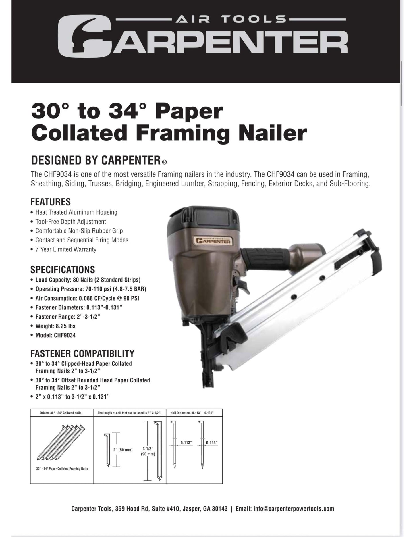 Carpenter Air Tools CHF9034 30-34 Degree Paper Collated Framing Nailer with 7 Year Warranty