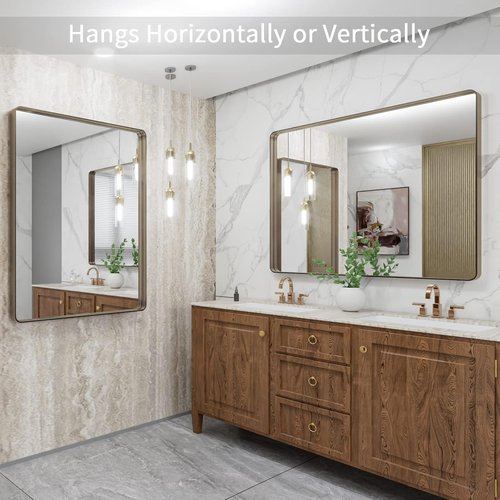 LOAAO Bronze Bathroom Mirror - 40”X32” Rounded Rectangle with Anti-Rust Brushed Metal Frame | Hangs Horizontally or Vertically