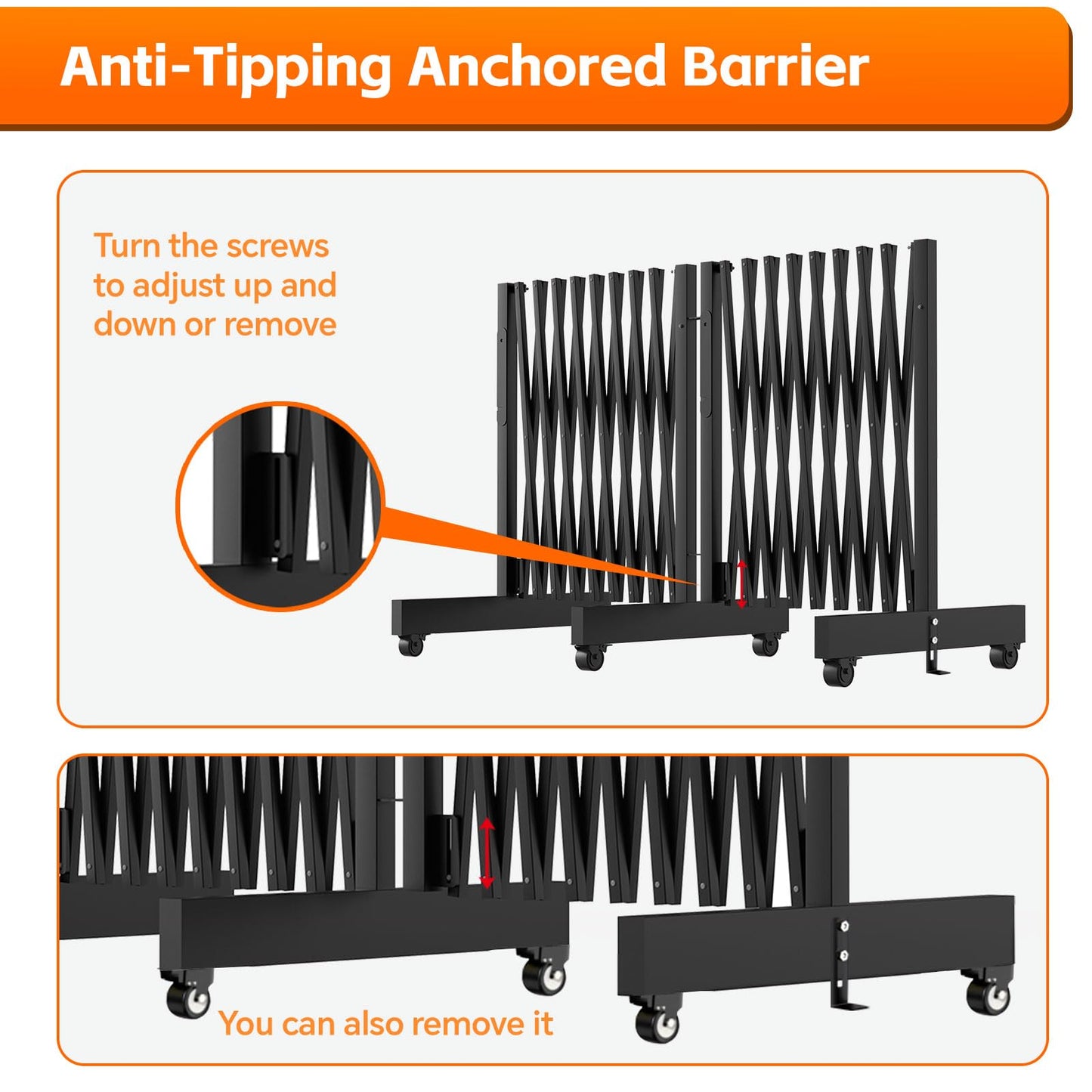 16 FT Industrial Metal Expandable Barricade，Retractable Traffic Fence with Casters, Folding Security Gate，Portable Barricade Gate for Construction Area, Traffic Control, Cordon(Black
