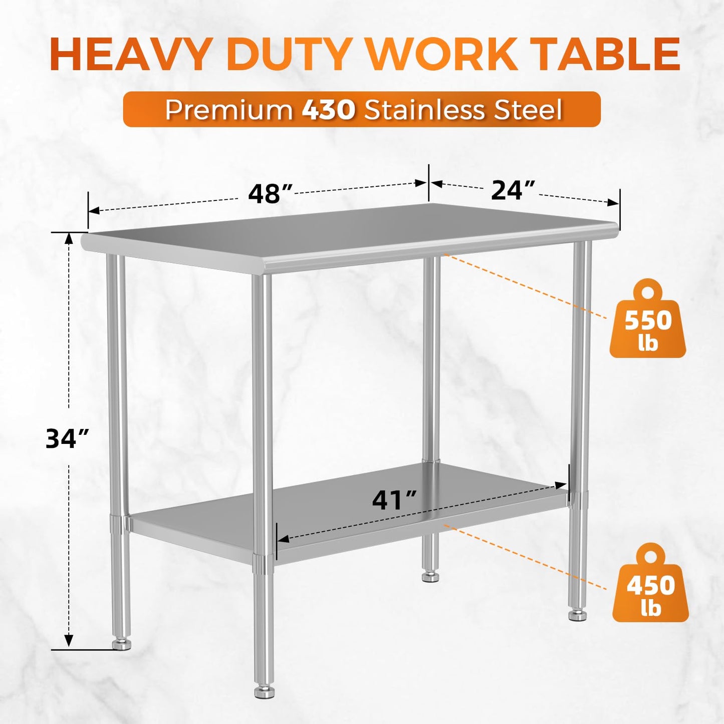 HOCCOT All Stainless Steel Work Table, Heavy Duty Prep Table 24x48 Inch with Stainless Steel Undershelf & Replaceable Feet(Without Casters) Commercial Workstation for Restaurant Kitchen Garage Outdoor