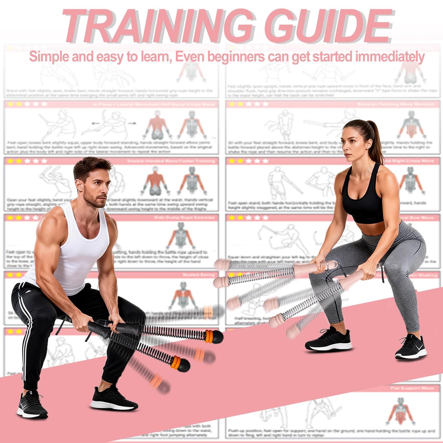 Upgrade Portable Ropeless Battle Ropes - Adjustable Weights Cordless Battle Ropes for Home Gym with Training Poster - Battle Rope Sticks Exercise Equipment for Low-Impact Workout, HIIT & Cardio - Pink
