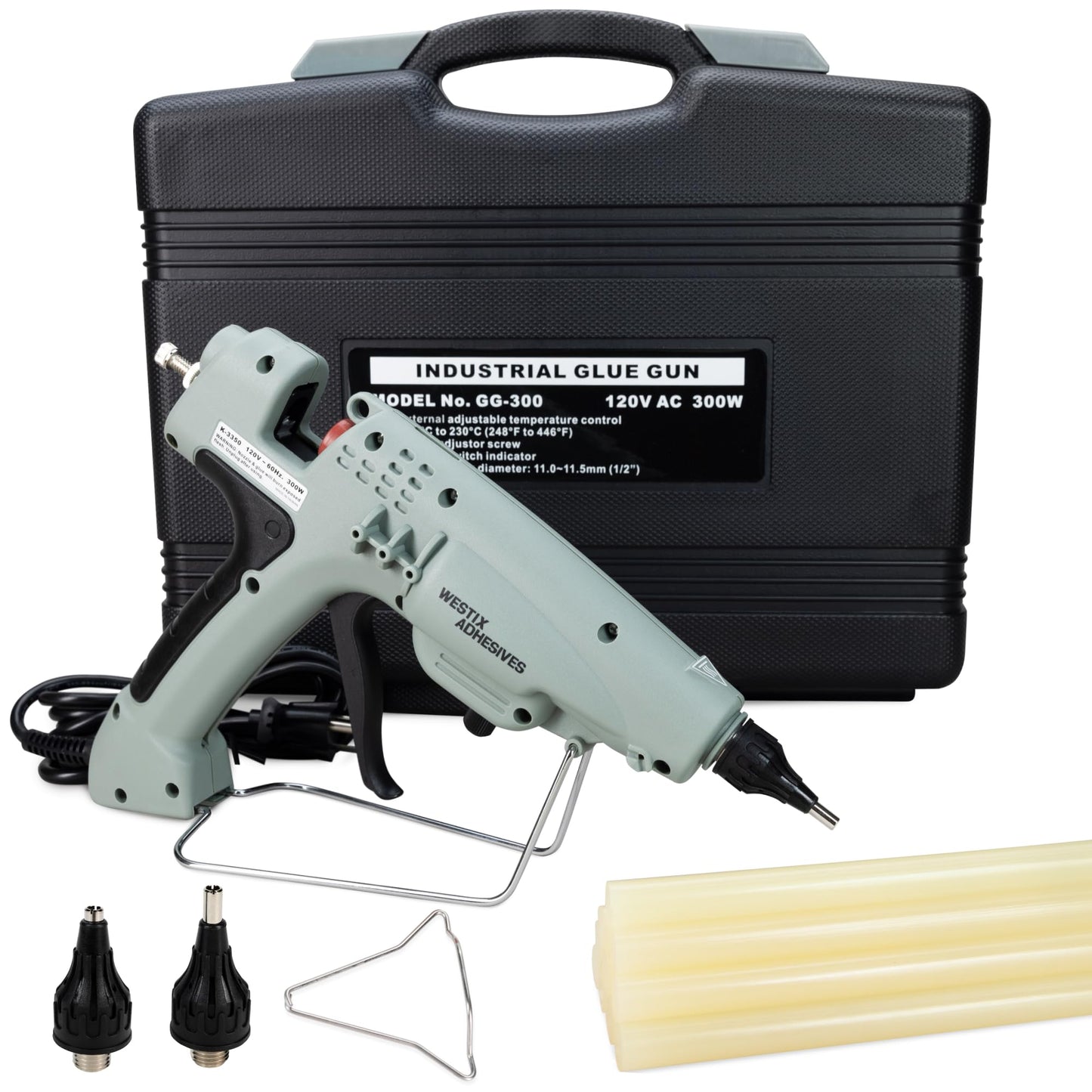 IDL Packaging GG-300 Industrial 300W Hot Glue Gun with 10 pcs Glue Sticks - 1/2" x 10" Full-Size Glue Sticks, Amber - Hot Glue Gun Kit for Corrugated Boxes, Cardboard Packaging, or Paper