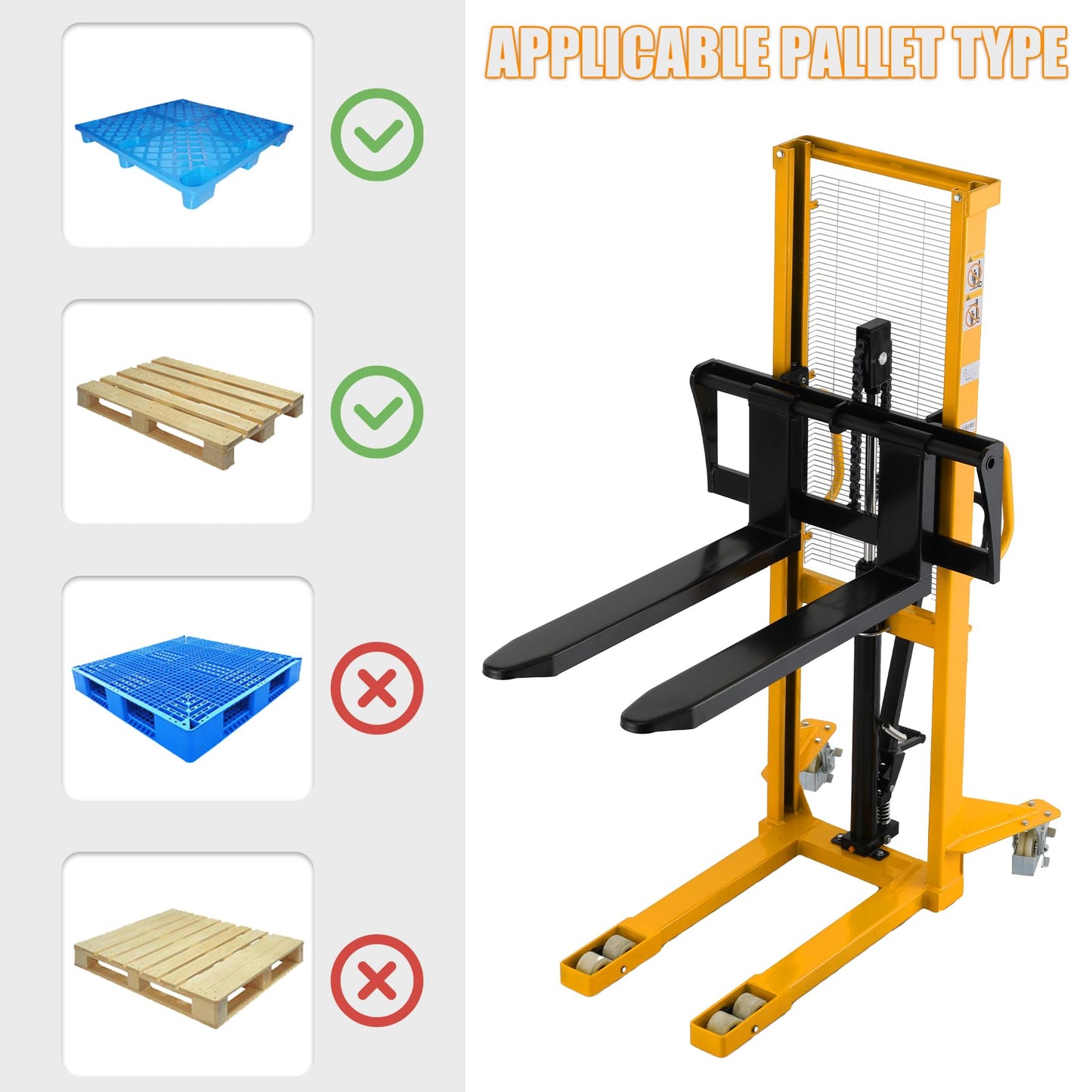 APOLLOLIFT 2 Pices Manual Stacker 2200lbs Capacity 63" Lift Height Pump Fixed Leg Lift Truck Pallet Stacker Suitable for Open Bottom Pallet