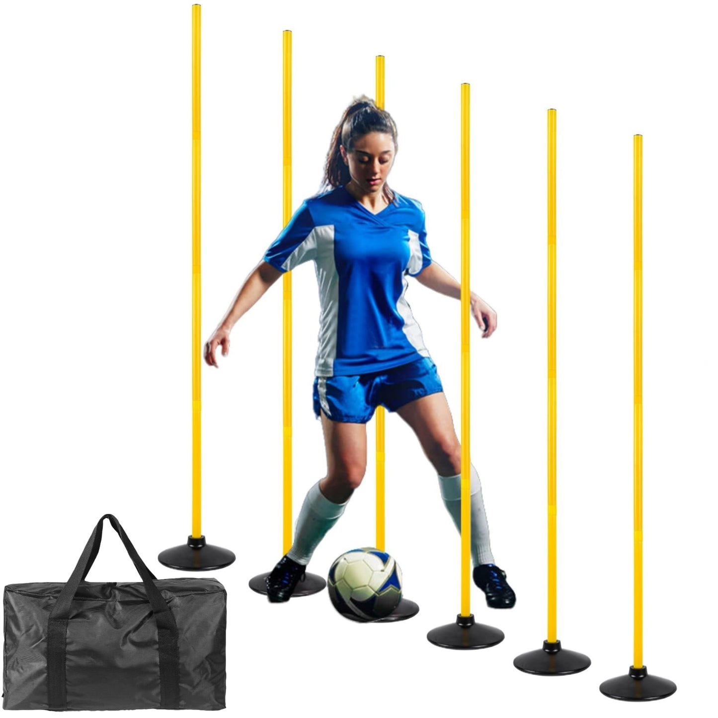 Nbguigdstr 6 Pcs 5 FT Adjustable Agility Training Poles for Soccer,Basketball,Football, Horse,Dog-Speed and Agility Training Equipment Sports Training Poles with Rubber Bases and Bag (Yellow)