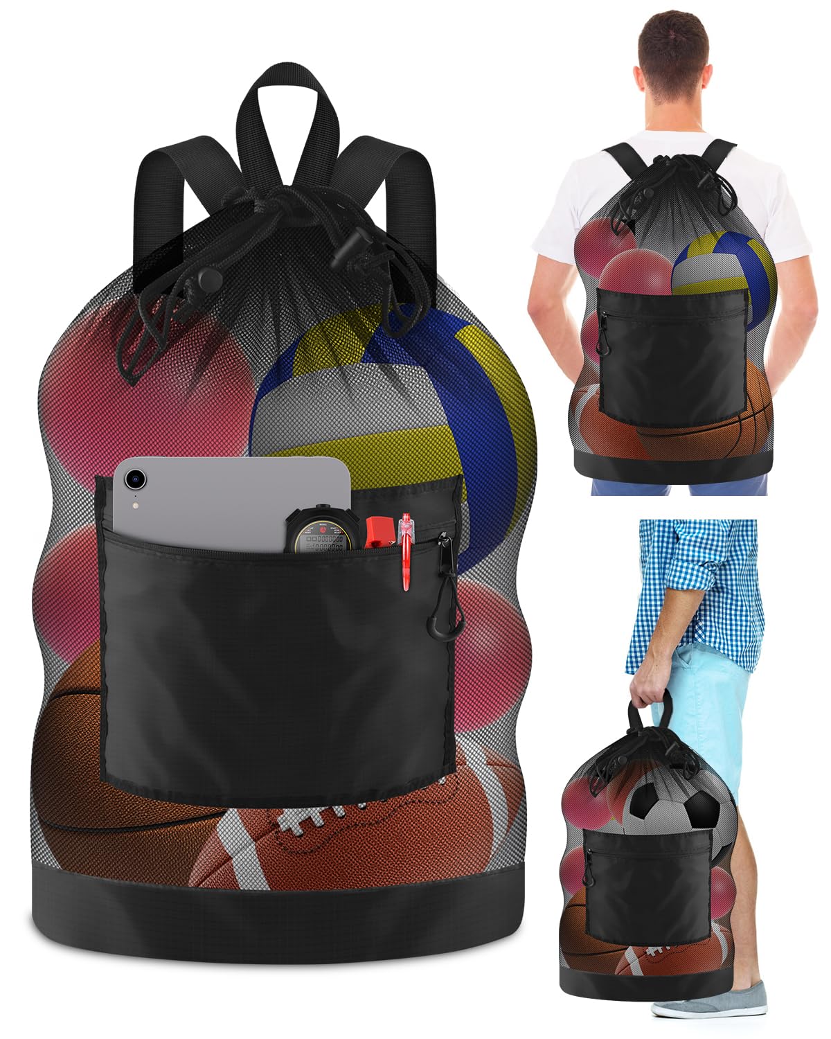 BROTOU Soccer Ball Bag with Double Shoulder Strap Large Mesh Sports Equipment Net Bag with Top Handle Heavy Duty Drawstring Bags Team Work for Basketball, Volleyball, Baseball, Swimming Gear