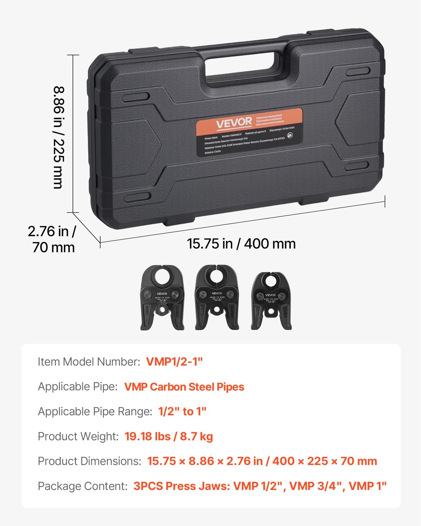 VEVOR VMP Press Jaws, 3PCS Pressing Jaws 1/2", 3/4" & 1" - Compatible with Megapress Carbon Steel Pipes, Work with 32KN Standard Press Tools, Includes Carrying Case