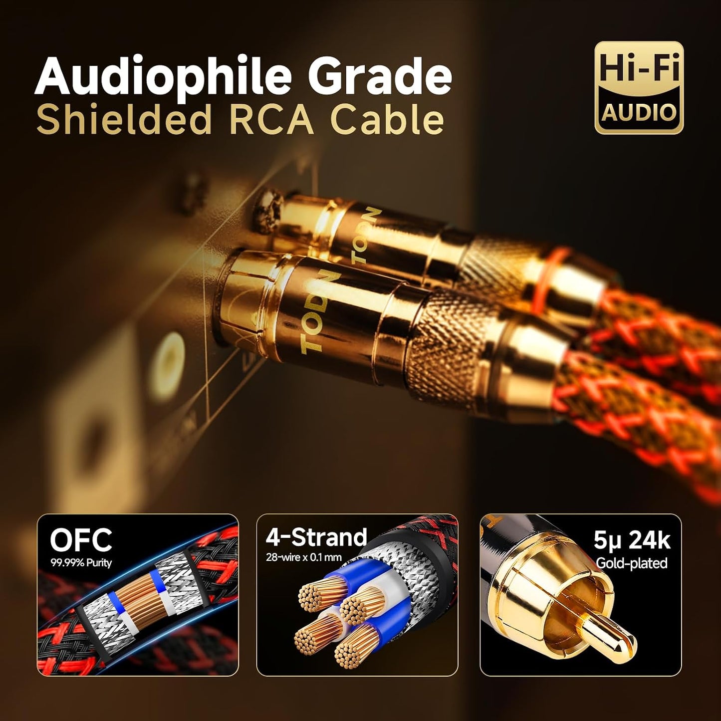 4-Core-OFC (1.64ft/0.5m, 1 TODN Audiophile RCA to RCA Audio Cable with Shielded RCA Stereo Cables for HiFi Home Theater