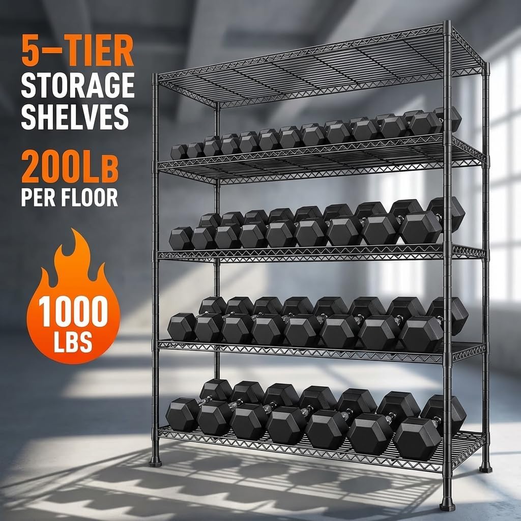 REIBII 45.8" W Ventilated Storage Shelves, Heavy Duty 5-Tier Wire Shelving, Adjustable Metal Shelf for Pantry Kitchen Garage Basement Commercial, Tool-Free Assembly, 45.8" W x 71" H, Black