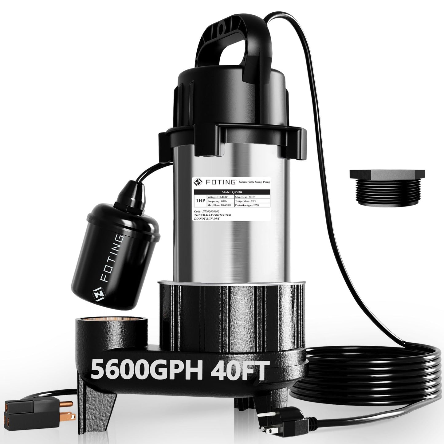 FOTING 1HP 5600 GPH 40FT Sump Pump Submersible Sewage/Effluent Pump - Heavy Duty Cast Iron Automatic/Manual - 115V Septic Pump for Sump Basin/Sewage/Basement, 2'' NPT