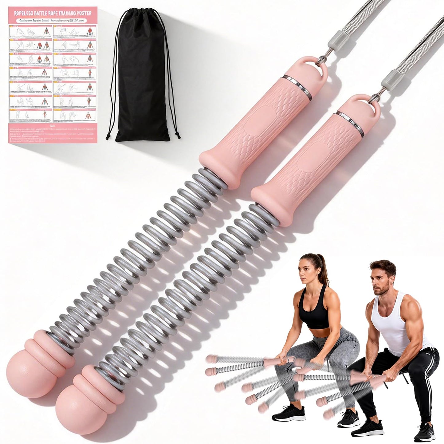 Upgrade Portable Ropeless Battle Ropes - Adjustable Weights Cordless Battle Ropes for Home Gym with Training Poster - Battle Rope Sticks Exercise Equipment for Low-Impact Workout, HIIT & Cardio - Pink