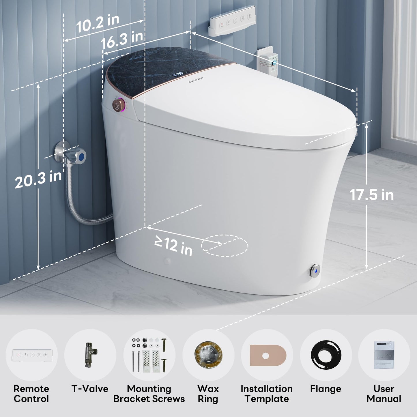 Casta Diva Smart Toilet with Tank, Foam Dispenser, Soft-Close Lid, Foot Kick & Off-seat Auto Flush, Heated Seat, Warm Water & Dryer, Blackout Flush, 1.06 GPF Digital Display with Remote(CD-Y010L)