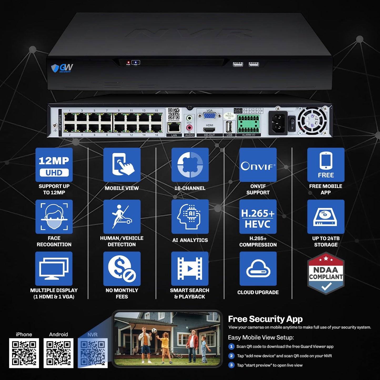 GW Security 16 Channel 12MP NVR UltraHD License Plate/Face Recognition NDAA & TAA Compliant Security Camera System with 12 x 5MP Outdoor & Indoor Color Night Vision Two-Way Audio PoE Bullet Cameras