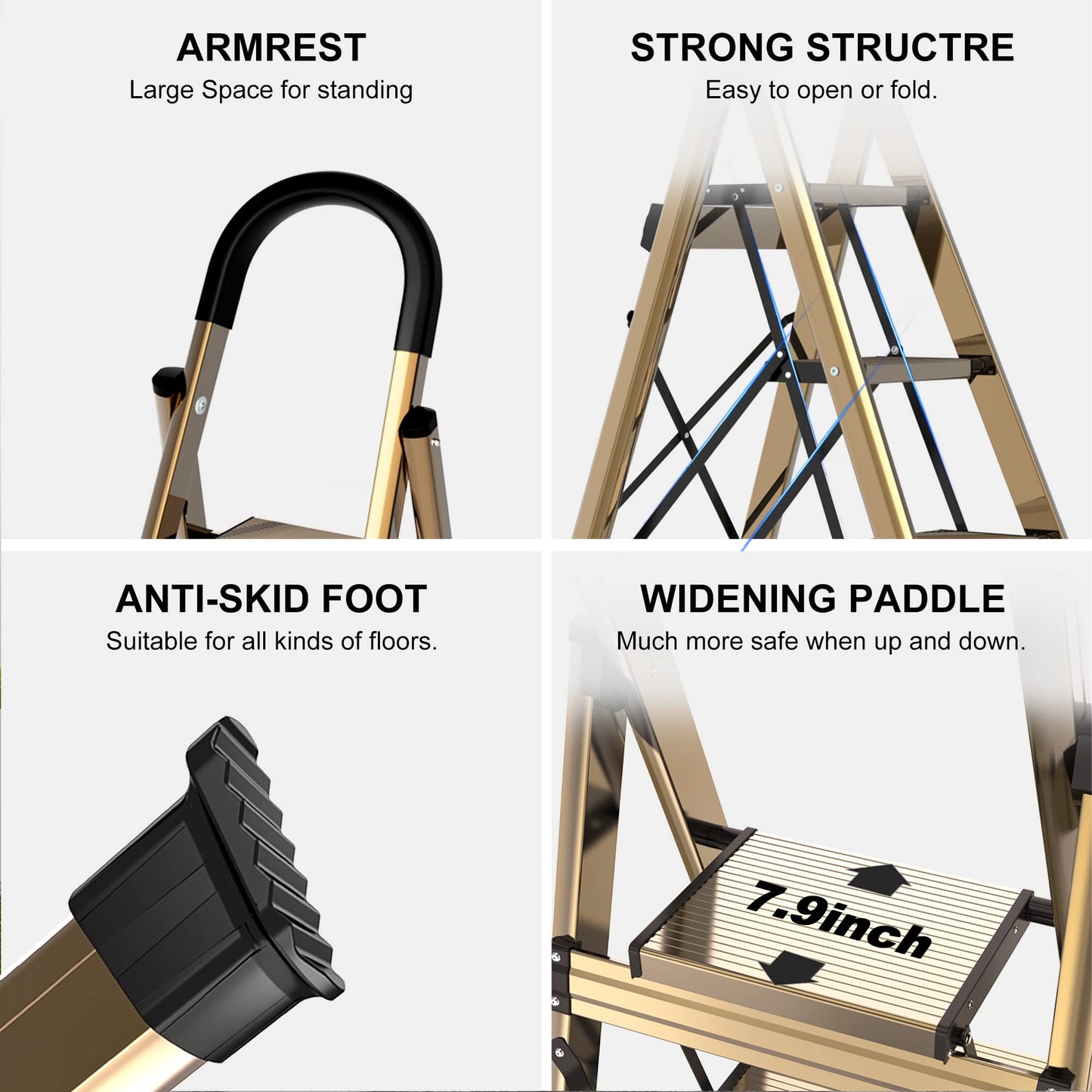 GameGem Lightweight Aluminum 6 Step Ladder for 12 Feet High Ceiling, Folding Step Stool Stepladders with Anti-Slip and Wide Pedal for Home and Kitchen Use Space Saving (Brown Gold)