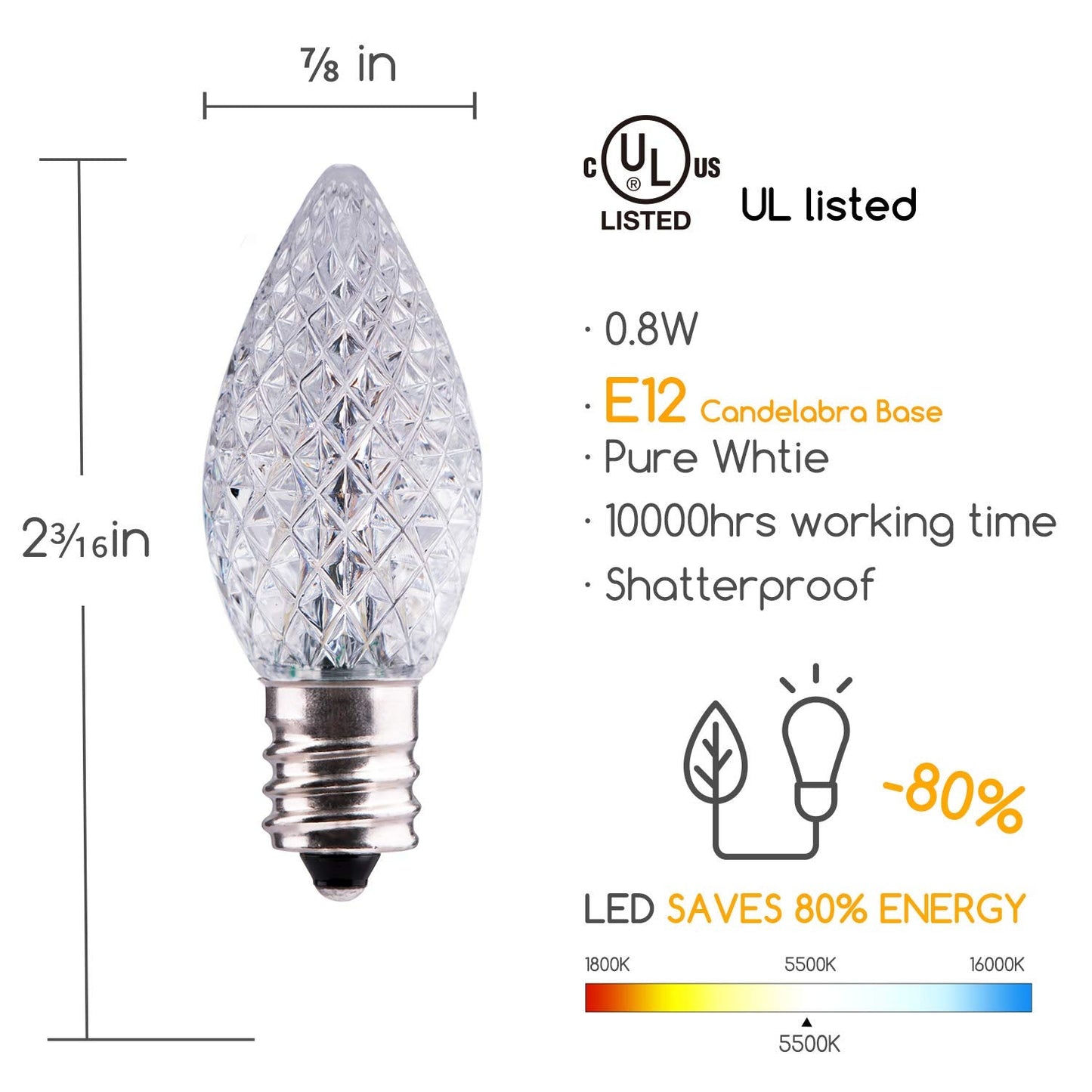 Minetom C7 LED Replacement Light Bulbs, Shatterproof, Dimmable, 50 Count, Pure White, E12 Candelabra Base