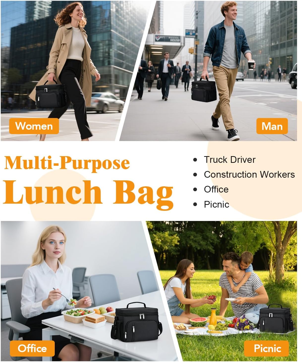 Skiennix Insulated Lunch Bag - 9L Leakproof Soft Cooler Tote with 5 Pockets | Black, Ideal for Work & Travel