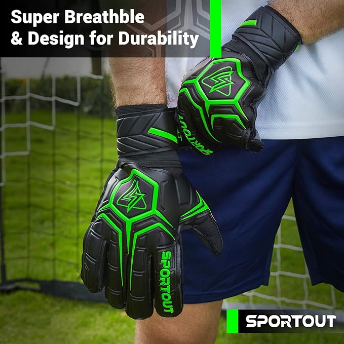 Sportout Goalie Gloves, Goalkeeper Gloves with Finger Protection, Breathable Soccer Goalie Gloves, 4mm Latex, for Kids Youth and Adult