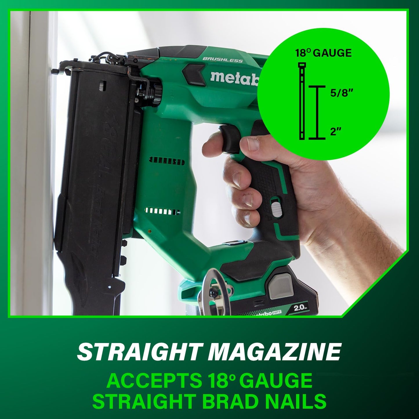 Metabo HPT 18V MultiVolt Brushless Compact Cordless Brad Nailer Kit, 18 Gauge Nailer with Power Tool 2.0Ah Lithium Ion Battery, Drives 5/8" to 2" Brad Nails, NT1850DFT