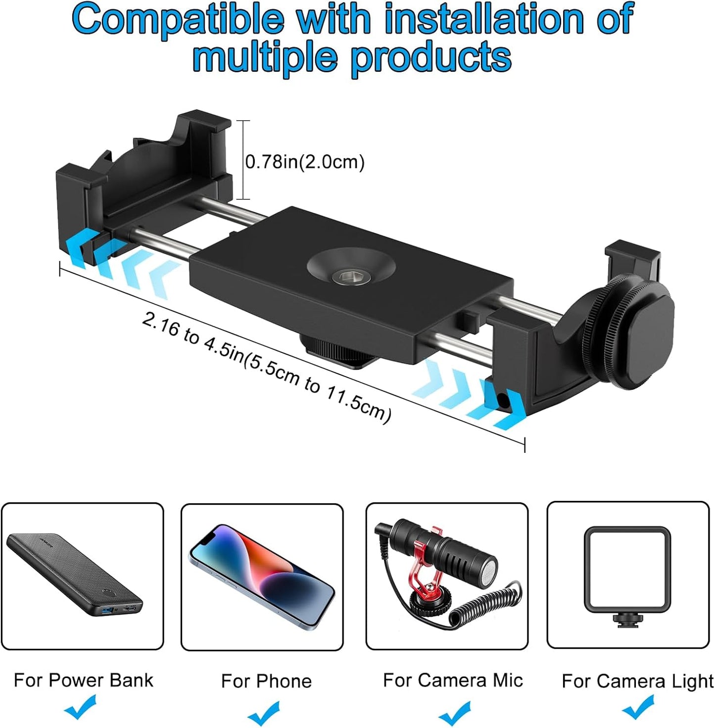 2 Suptig Adjustable Power Bank Holder with Cold Shoe Mount for Camera Rig, Phone Mount.
