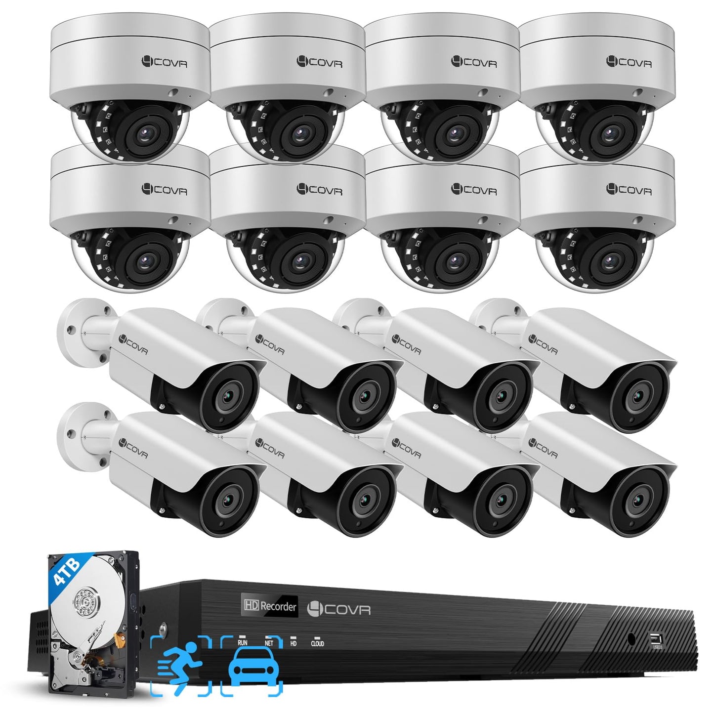 4COVR PoE 16 Camera Security System for Business, AI Human Vehicle Detection, 8 Dome IK10 Vandal-Proof 8 Bullet 5MP Wired IP Camera IP67, Remote Access, 16 Channel 4K NVR with 4TB HDD, LYH54A5M1616