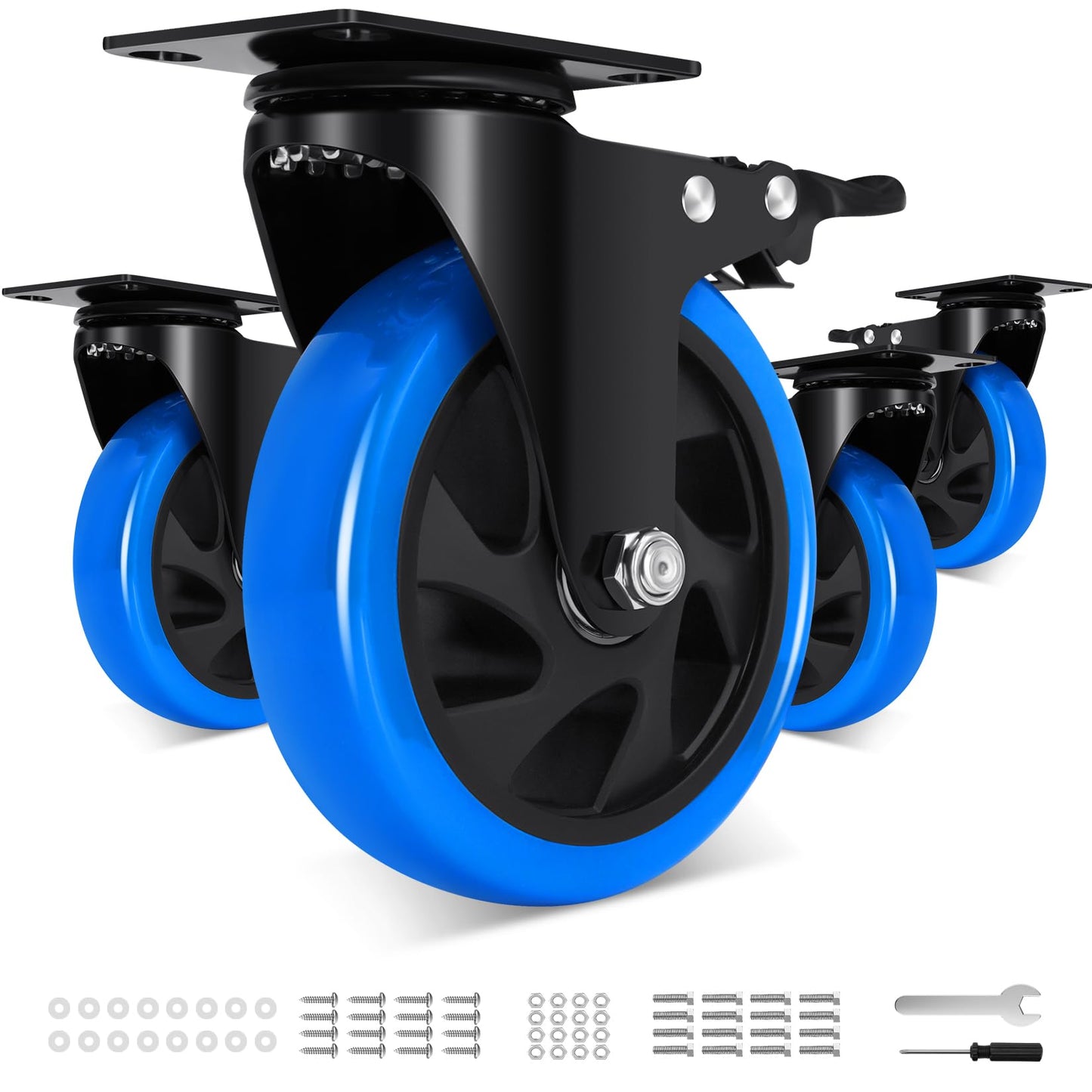 Humagineer 5 Inch Casters Wheel Set of 4, 2200 Lbs Heavy Duty Casters, Safety Locking Industrial Casters with Brake, No Noise Plate Wheels for Cart, Workbench, Furniture (Free Hardware Kits)