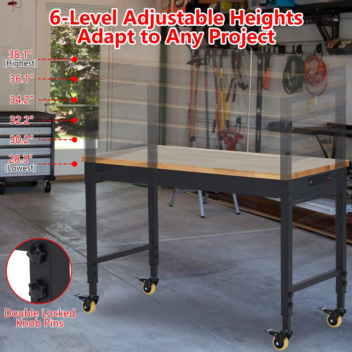 Garvee 72 x 25 Inch Adjustable Workbench, Heavy-Duty Workbench with a 2000 lb Load Capacity, Metal Frame with Power Outlets & Casters, Rubberwood Top Workbench for Workshops, Garages