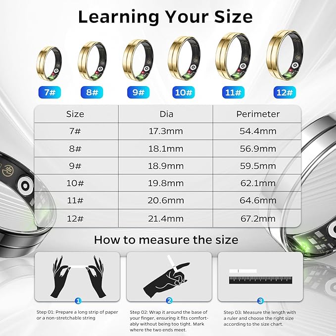 Ultra-Thin Smart Ring for Women Men,Sleep Tracker Ring with Heart Rate, Waterproof Fitness Ring for Activity Monitoring/Steps/Calories,No Subscription Fee,for iSO & Android (Glod,11#)