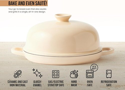 Kook Enameled Cast Iron Bread Oven - Versatile Baking Pan with Ceramic Lid & Handles | Ivory Color