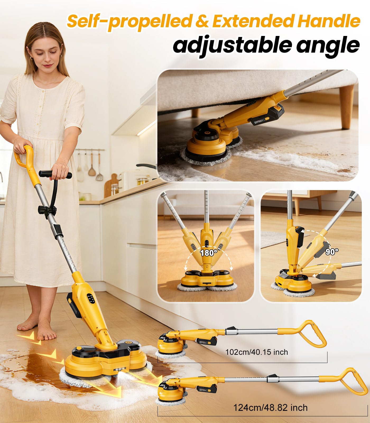 qimedo 6000mAh Battery Cordless Electric Mop M3, 800RPM Electric Power Scrubber & Mops for Floor Cleaning, Automatic Spin Mops with Smart Display,Rotating Mop with LED Light & Water Spray