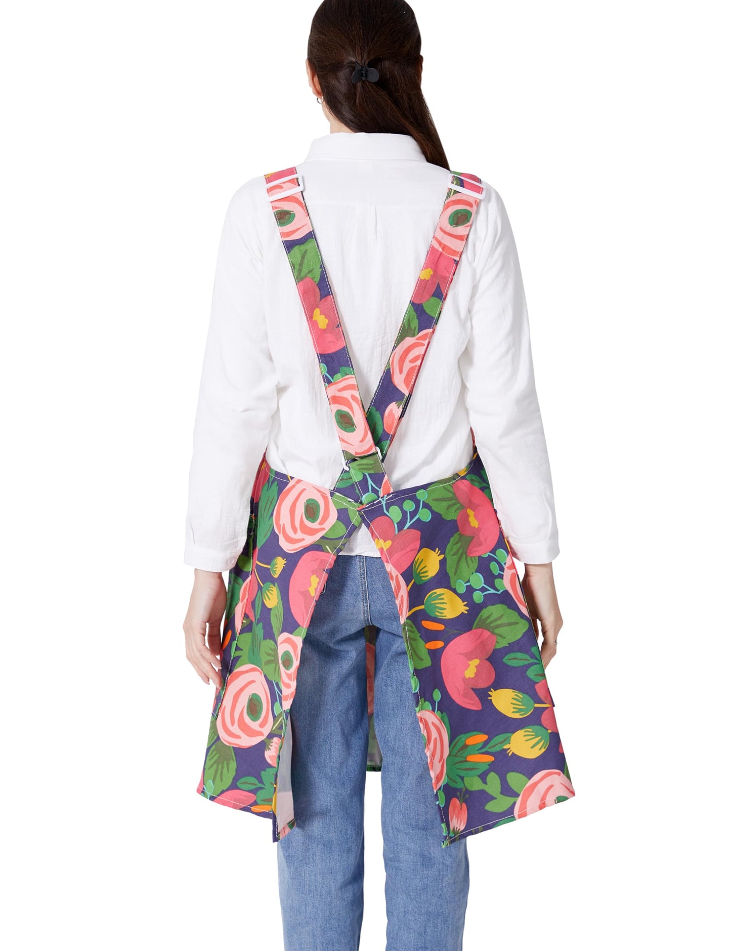 OCXXMME Adjustable Easeful Cross Back Aprons for Women Floral Aprons with Pockets Cotton Linen Blooming Tulips