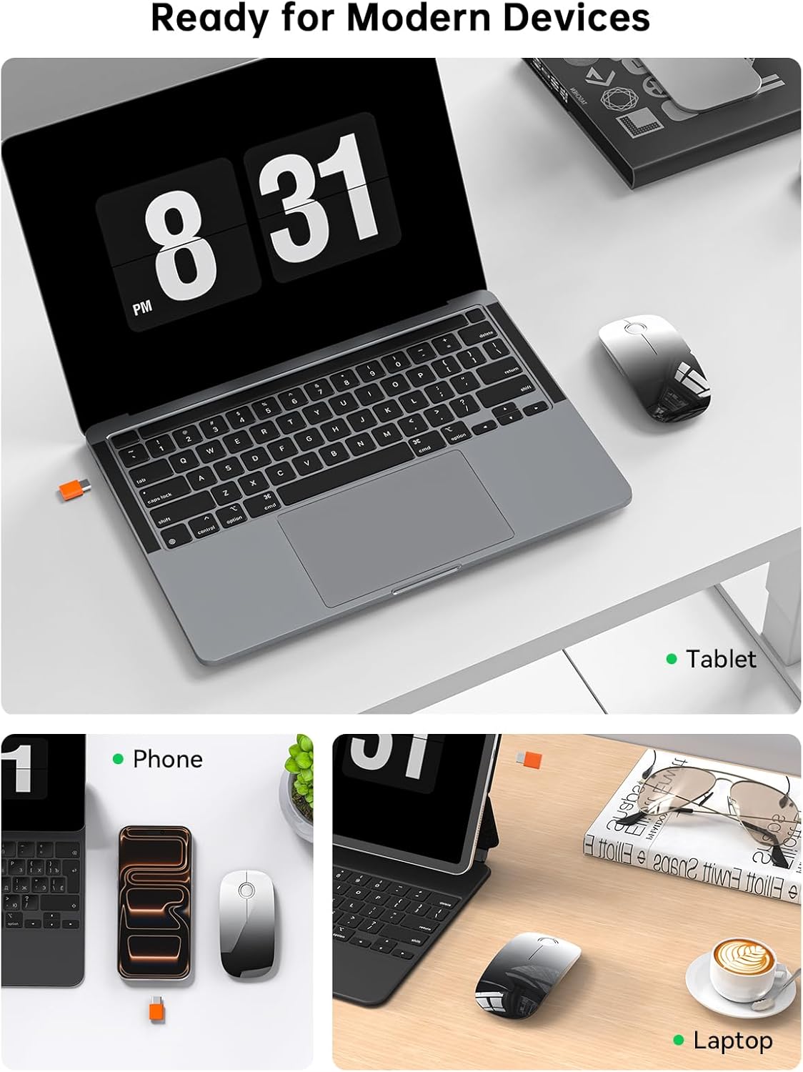 RAPIQUE 800/1200/1600 2.4GHz USB C Wireless Mouse for USB-C Devices, White to Black Gradient Slim Mouse, Silent Click