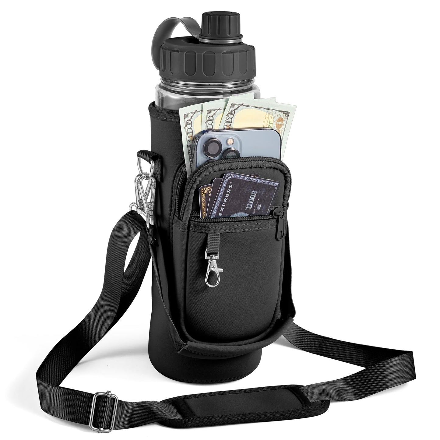 Noxgifix Water Bottle Holder with Strap,Water Bottle Bag,32/40 oz Large Capacity,Adjustable Shoulder Hand Strap,2 Phone Pocket Water Bottle Holder,Water Bottle Accessories for Camping Running Walking