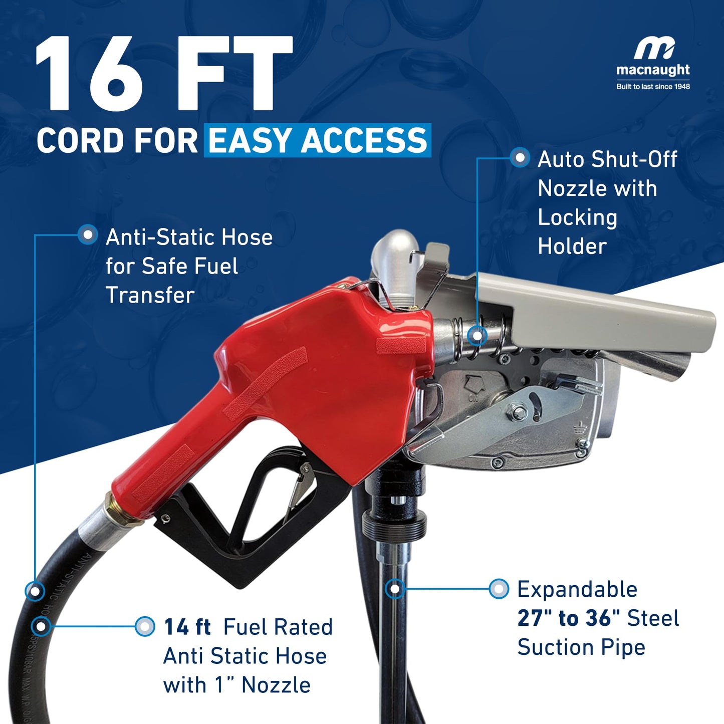 Macnaught Fuel Transfer Pump M3 120V, 20 GPM 1" High Flow Fuel Pump, Auto Shut-Off, Nozzle, Discharge Hose, Expandable to 36" Length, CSA Certified for Gasoline, Diesel, Kerosene, Mineral Spirits