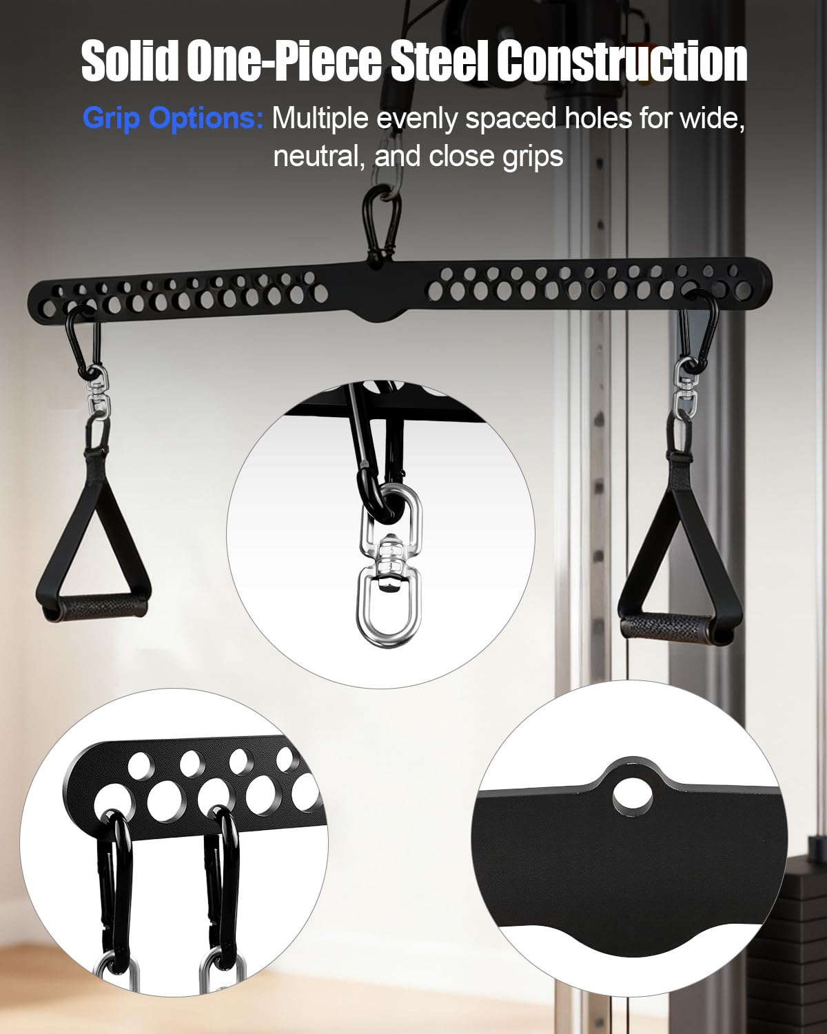 Multi-Grip LAT Pulldown Bar for Home Gym, 2 Extra Handles, Lat Pull Down Attachment with Swivel Bearings & Carabiners for Cable Machine Pulley System, Tricep Pushdown, Back Workout, Strength Training