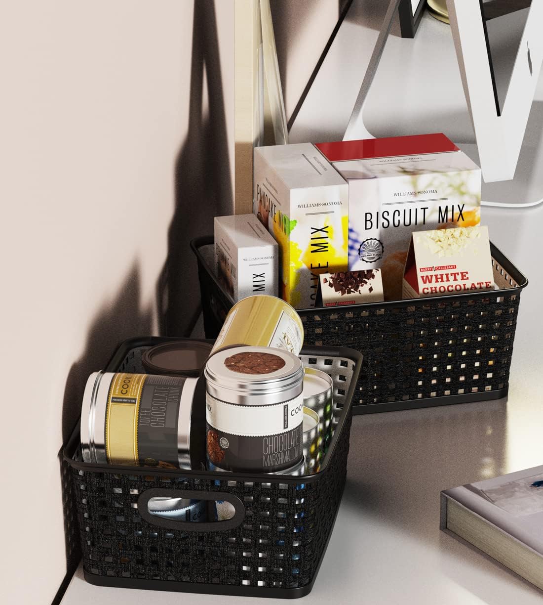 WYT Plastic Small Shelf Storage Baskets - 12-Pack Weave Design for Organizing | Black