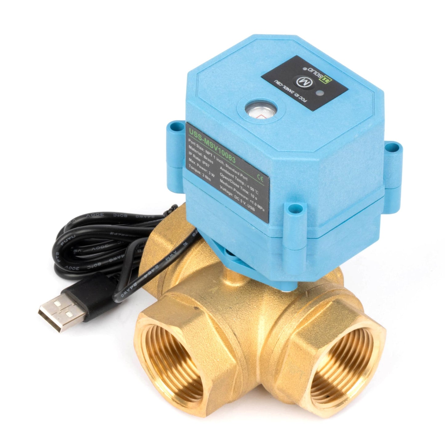 Motorized Ball Valve 1 in NPT U.S. Solid 3 Way Brass WiFi Smart Electric Valve USB Powered with LED Status Indicator and Flow Direction Window
