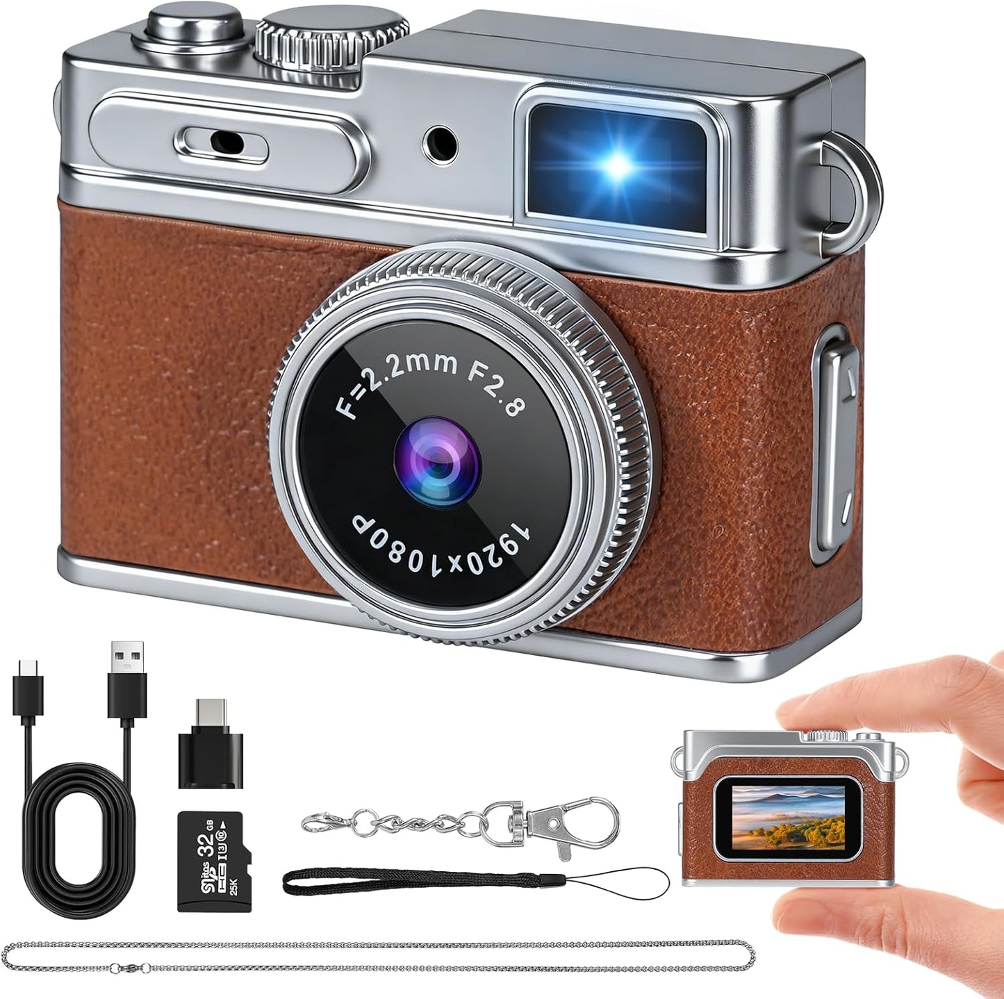 Tawd 1080P 32GB 0.96" Mini Keychain Camera - HD Retro Digital Camera, Compact with SD Card, HD Display, Portable Pocket