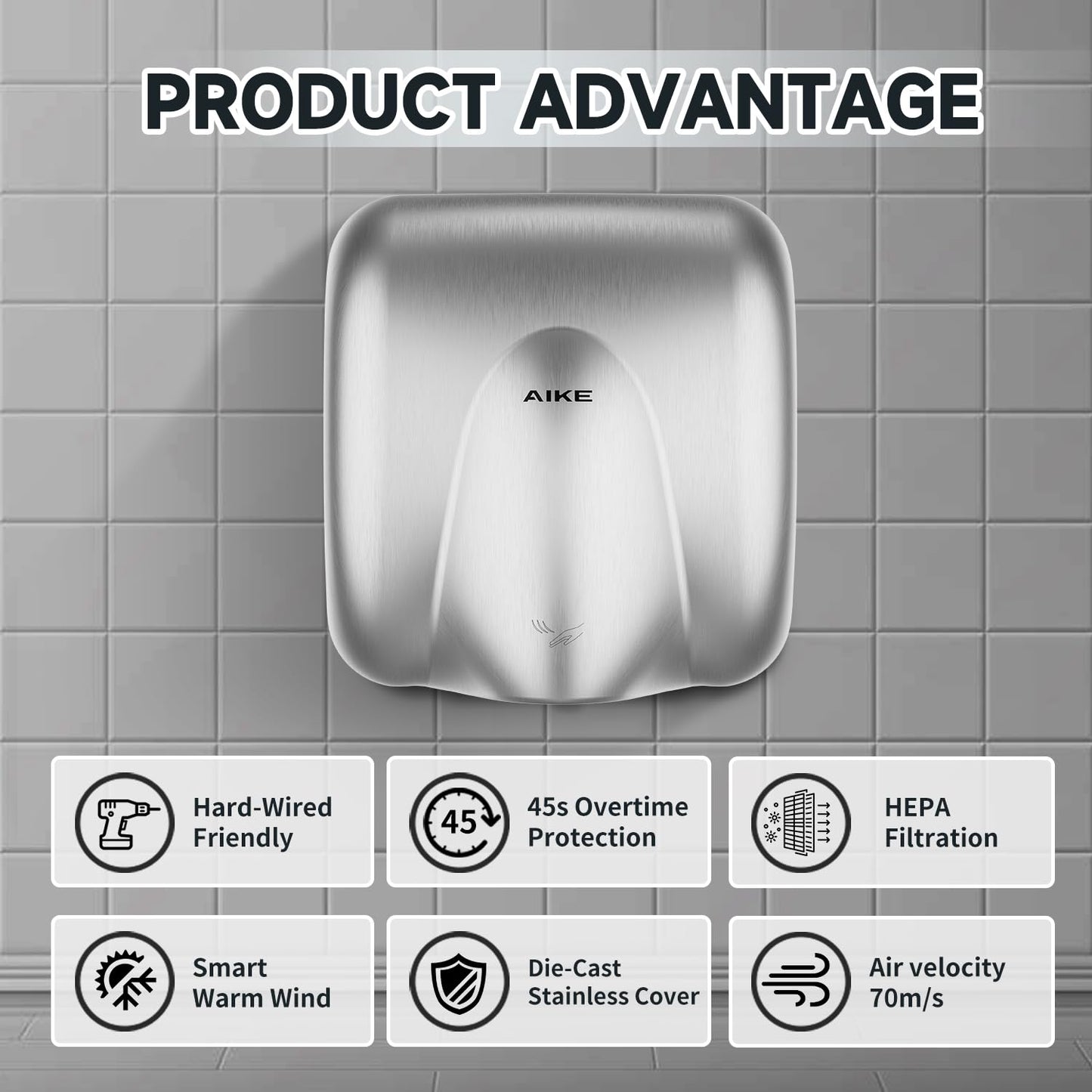 AIKE Heavy Duty Hand Dryer Hard-Wired Friendly 110V High Speed Brushed Stainless Finish Model AK2811