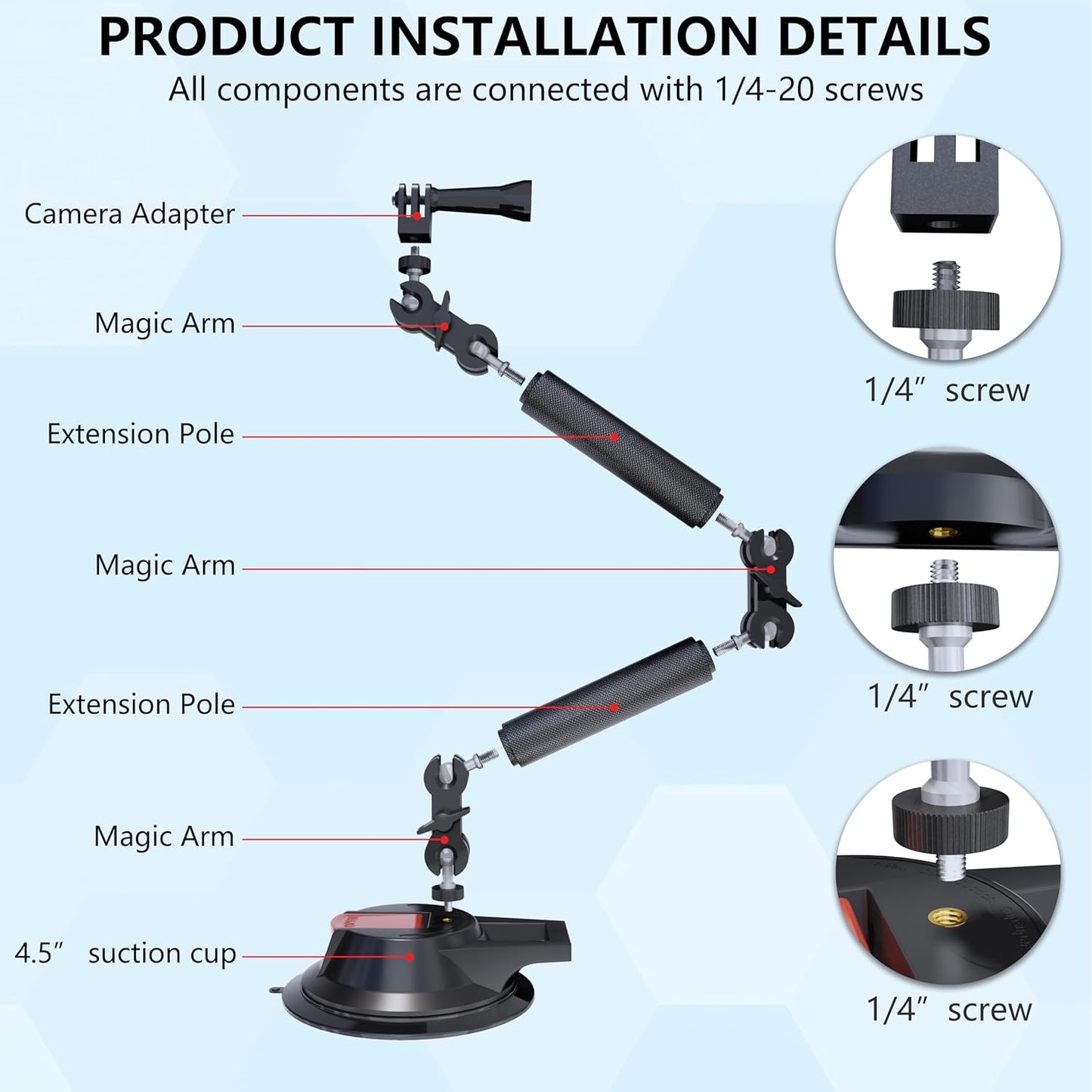 COFRY 4.5" 1/4" Suction Cup Magic Arm Mount KitVersatile Car Mount & Desktop Phone Holder Complete with Thread Phone