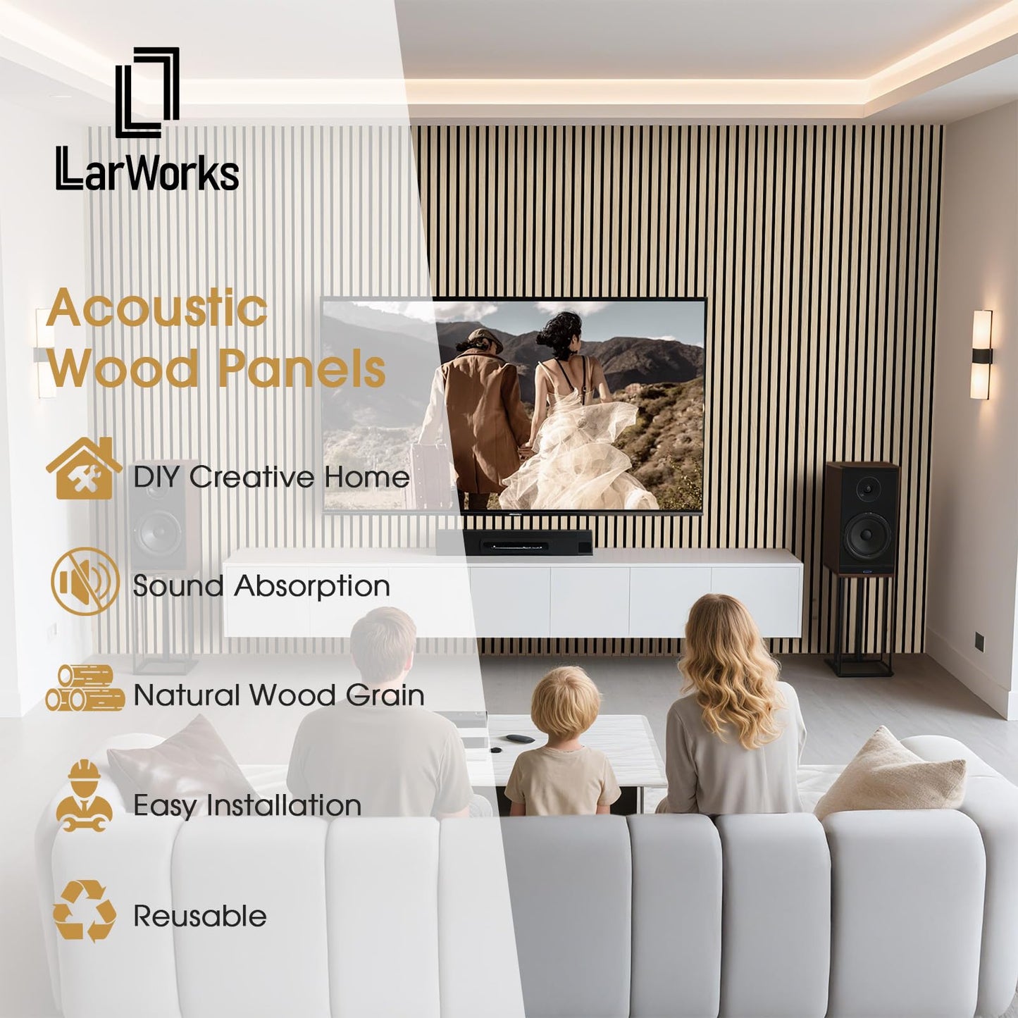LARWORKS Wood Slat Wall Panels 4 Pack 94.5" x 7.9", Acoustic Wooden Panel for Wall, Soundproof 3D Fluted Panels for Interior Wall Decor, Living Room, Bedroom - Oak (Cover Approx.21 sq.ft)