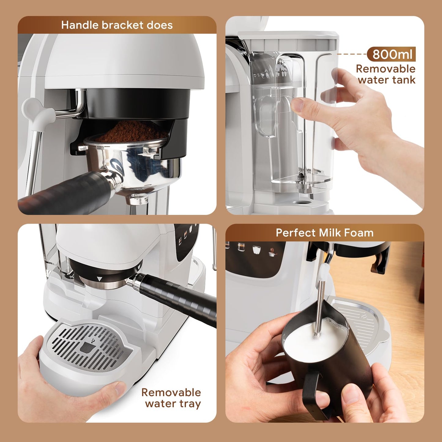20 Bar Espresso Machine with Grinder & Steam Wand - Semi Automatic Coffee Maker, NTC Intelligent Temp Control, 58mm Stainless Steel Portafilter, One-Touch Panel for Home Barista (Removable Water Tank)