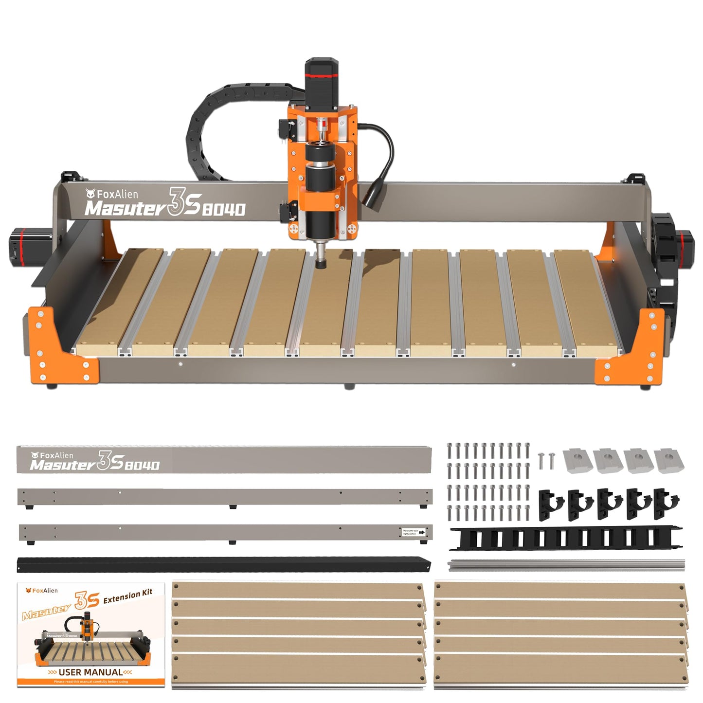 FoxAlien 3S 8040 X-axis Extension Kit with T-slot Hybrid Spoilboard Work Table for Masuter 3S CNC Router Machine, for Large Engraving Carving Projects (Extend X-axis to 32 inches)