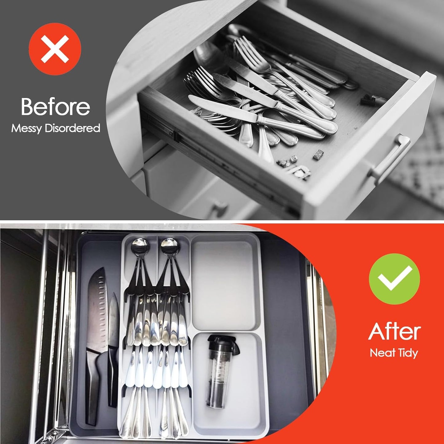 Skiennix Expandable Cutlery Drawer Organizer - Adjustable Plastic Utensil Tray for Forks, Spoons & Knives - Large Grey