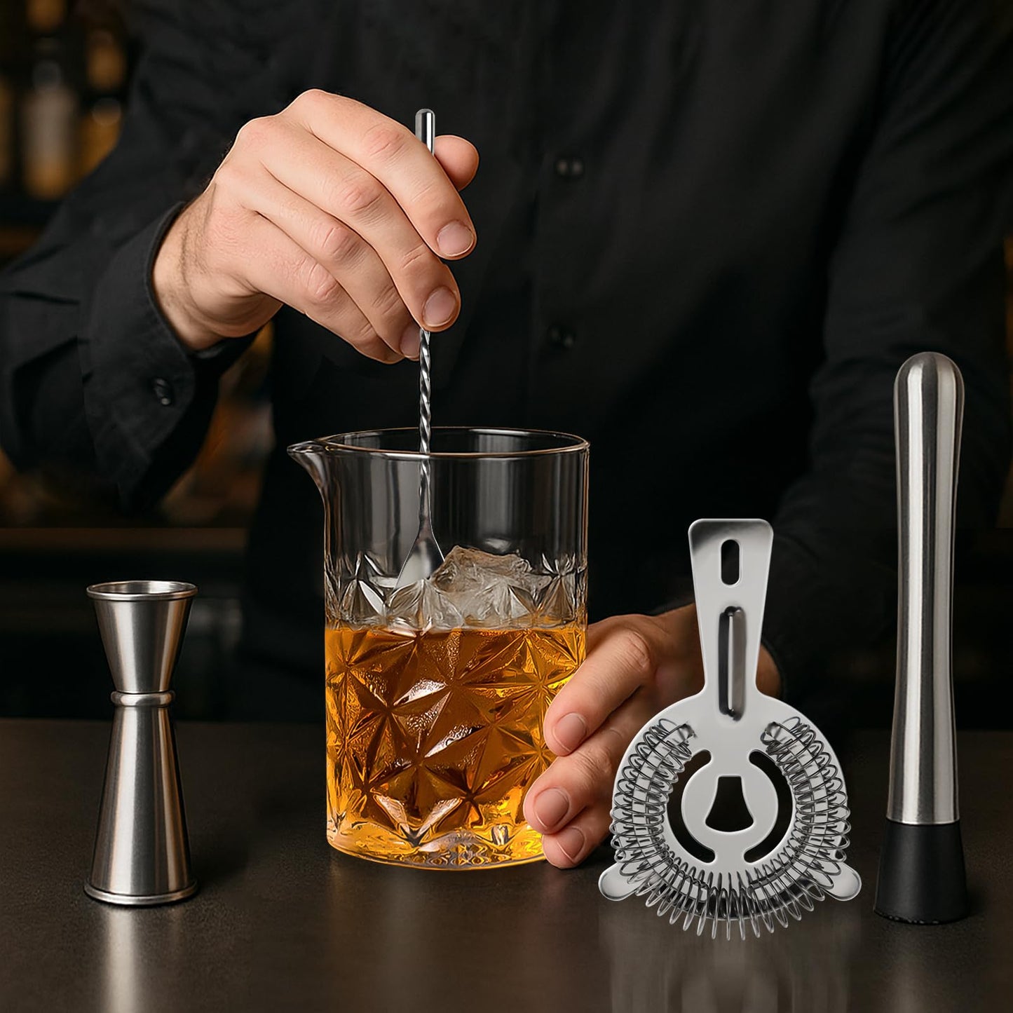 Cocktail Mixing Glass Kit, 24 OZ Crystal Stirring Glass with Stainless Steel Bar Tools – 2 OZ 1 OZ Jigger, Muddler, Strainer, Spoon, Recipe – Bartender Gifts for Men, Elegant Barware for Home & Party